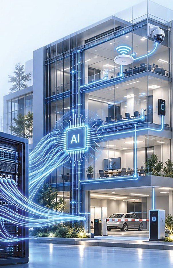 Brochure illustration linking a building network to CCTV, Wi-Fi, access and parking systems